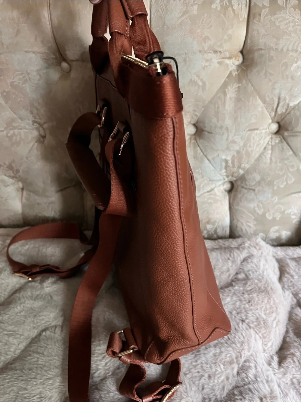 Cole Haan Brown Pebbled Leather Convertible Backpack Tote